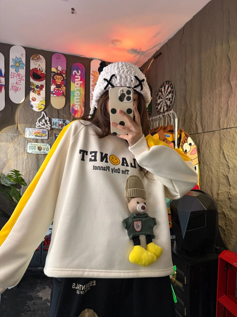 加绒-《小熊玩偶卫衣》春秋百搭宽松印花ins慵懒风韩版长袖加厚