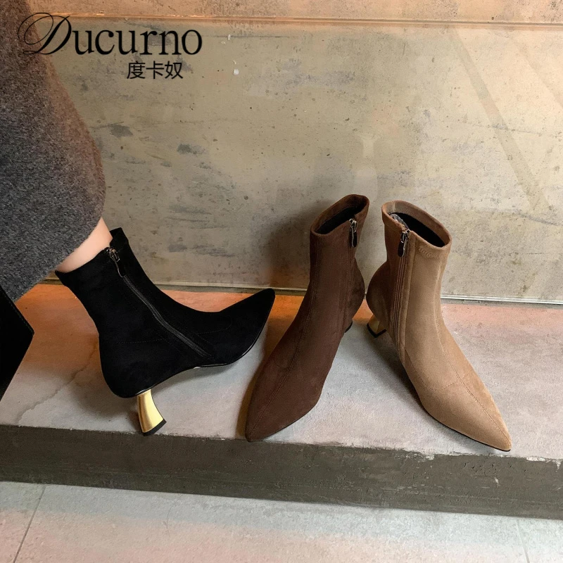 度卡奴秋冬新款时尚尖头气质高跟瘦瘦靴百搭通勤短靴女靴