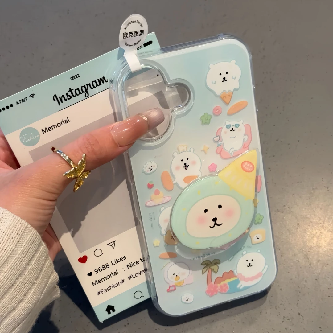 欧克里里小尖帽自嘲熊滴胶支架适用苹果16手机壳华为vivo小米oppo