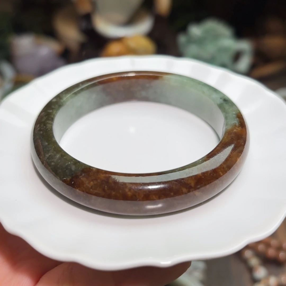 翡翠手镯未镶嵌正圈南齐复古红棕色翡翠手镯