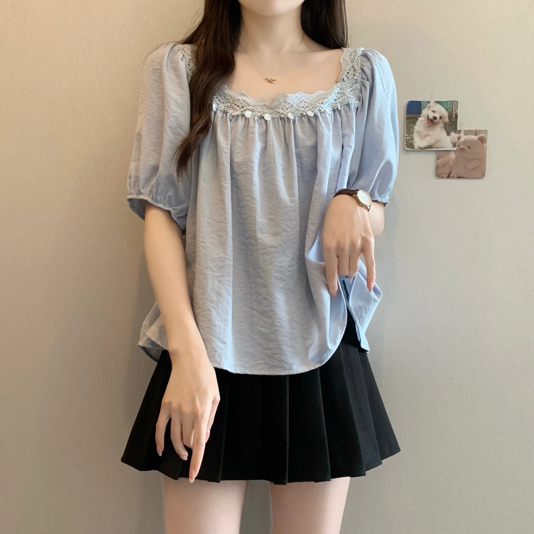 蕾丝花边方领短袖衬衫2025夏新款大码女装胖mm宽松遮肚娃娃衫上衣