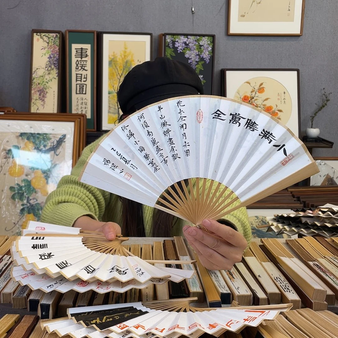 国画6寸玉竹-纯手绘-文玩扇骨（默认粘好）