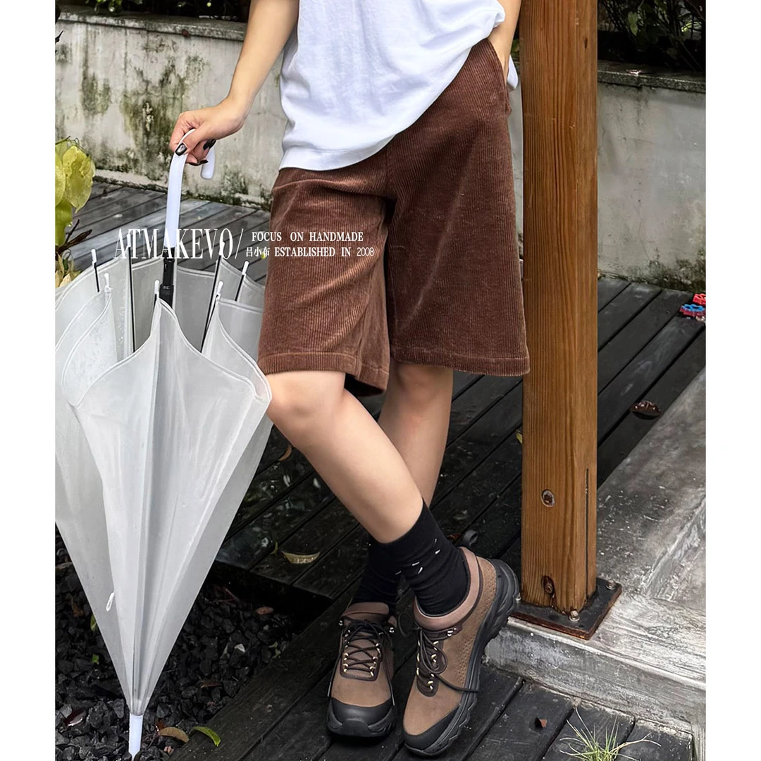 吕小布|复古灯芯绒五分裤 早秋水洗磨毛休闲宽松直筒中裤女0773