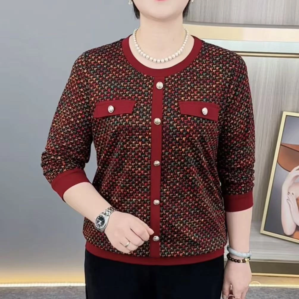 秋季新款时尚圆领中老年气质妈妈装宽松显瘦休闲减龄长袖上衣H615