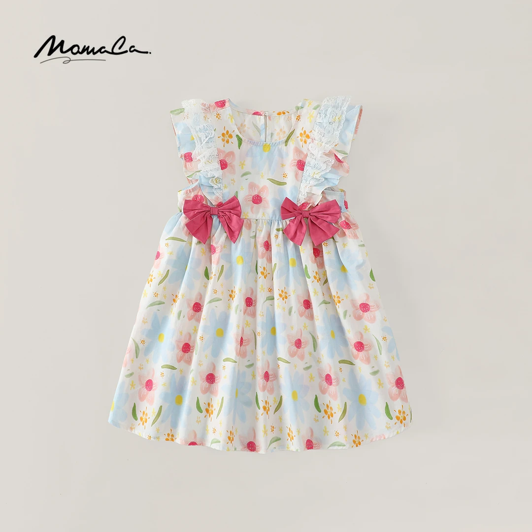 MOMOCO夏季2025新款甜美蝴蝶结小飞袖碎花纯棉连衣裙77630470376