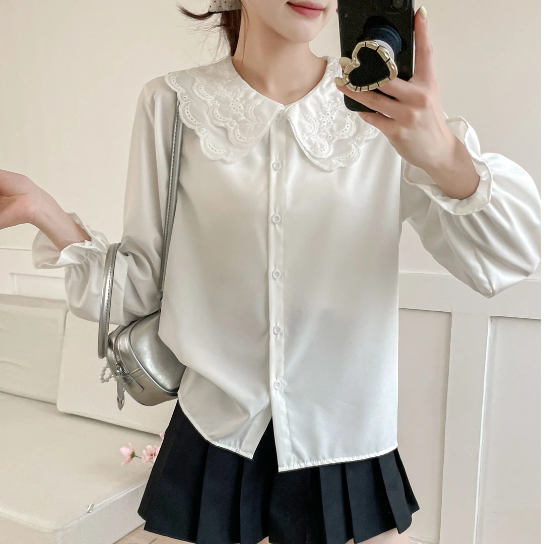 娃娃领衬衫女韩版宽松洋气甜美减龄百搭叠穿衬衣早春新款上衣