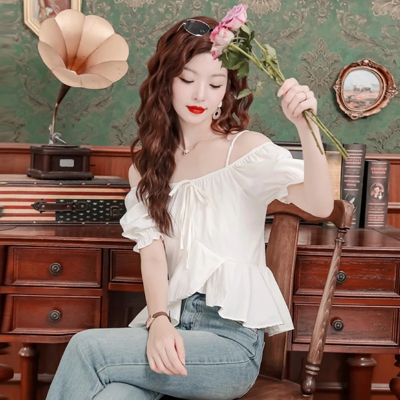 实拍现货2025夏季新款一字肩衬衫女洋气上衣不规则下摆小衫