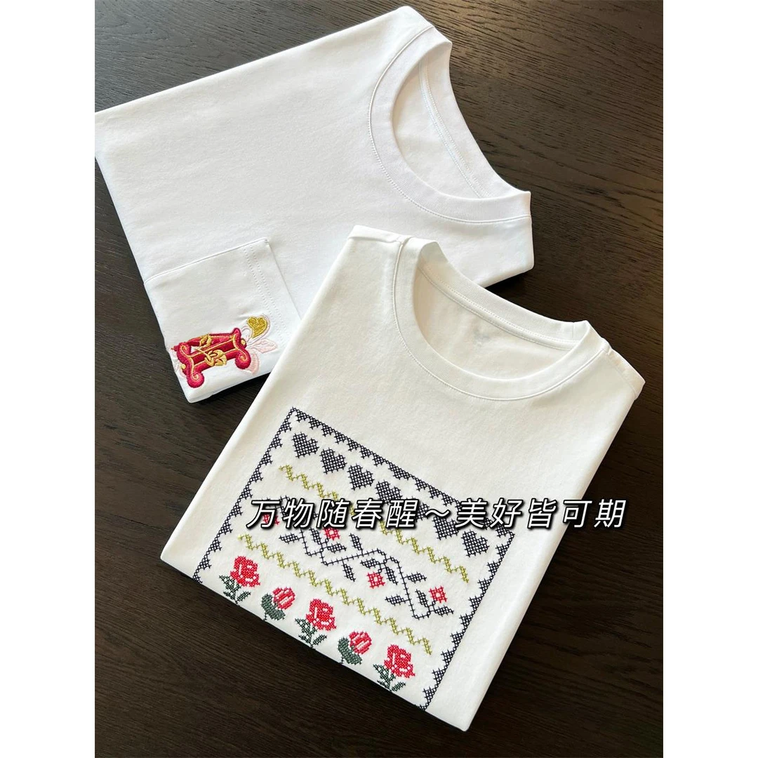 宝丫轻奢 女式宽松圆领刺绣时尚短袖T恤K1393