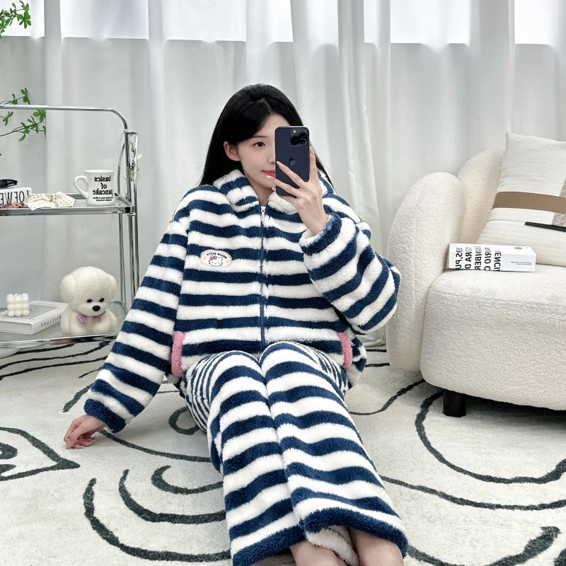 睡衣冬季女加绒加厚简约条纹长袖家居服可外穿大码半边绒套装保暖