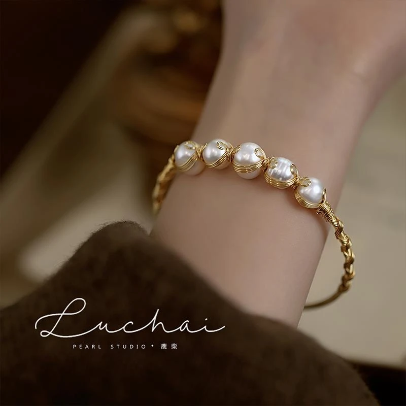 纯铜硅胶手镯 鹿柴缠绕珍珠手镯法式覆古气质小众设计优雅精致时