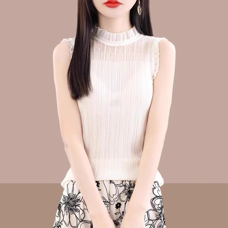 蕾丝花边领针织背心女假领网纱木耳边半高领无袖打底衫小香风内搭