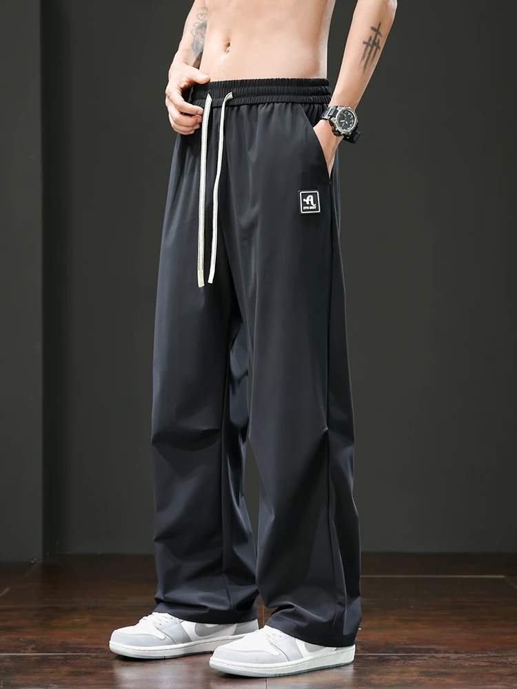 夏季速干潮休闲裤男士冰丝条纹裤长裤短裤直筒降温高弹力薄款长裤