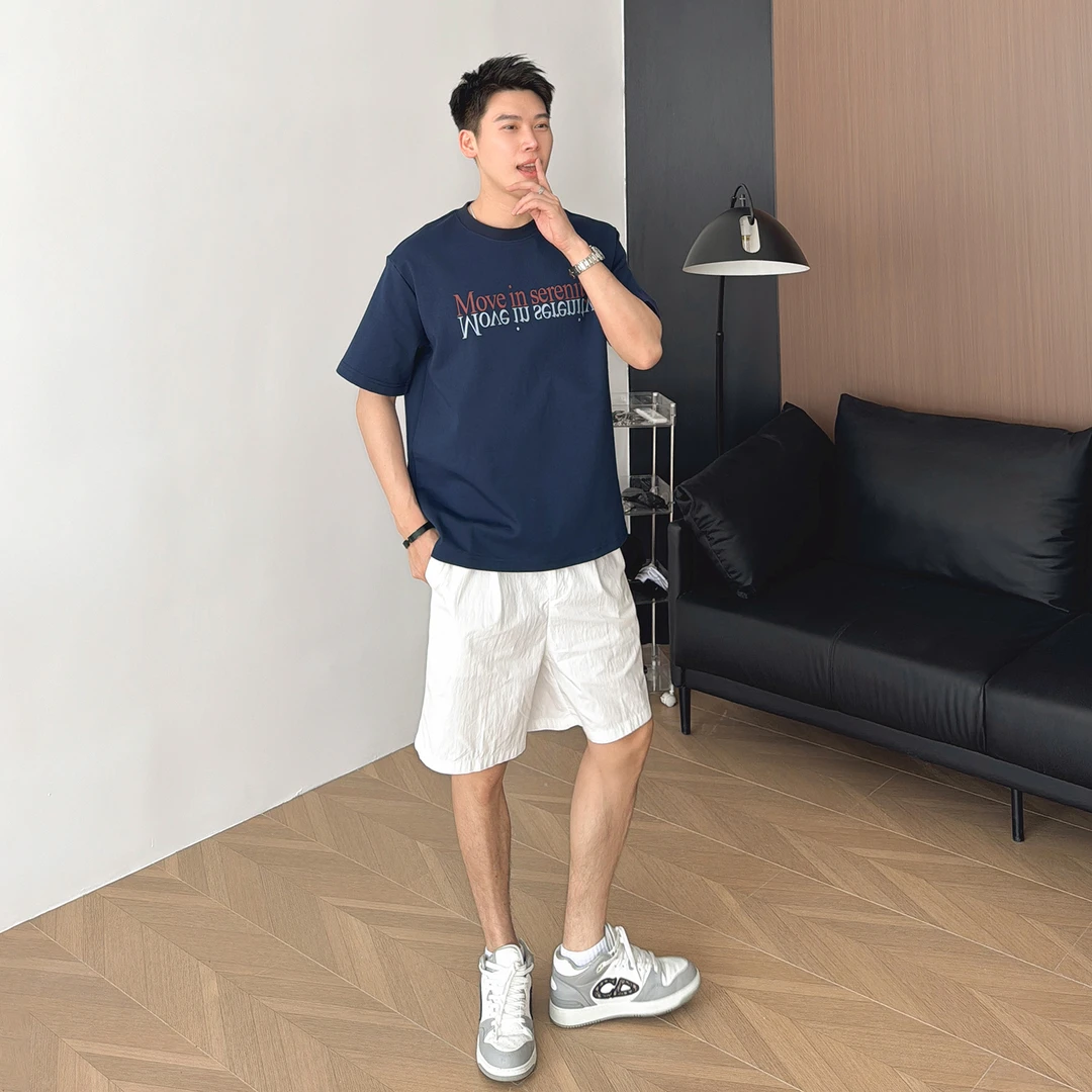 朱渣渣2025设计感小众ins夏季短袖T恤男字母印花圆领五分袖半袖衫