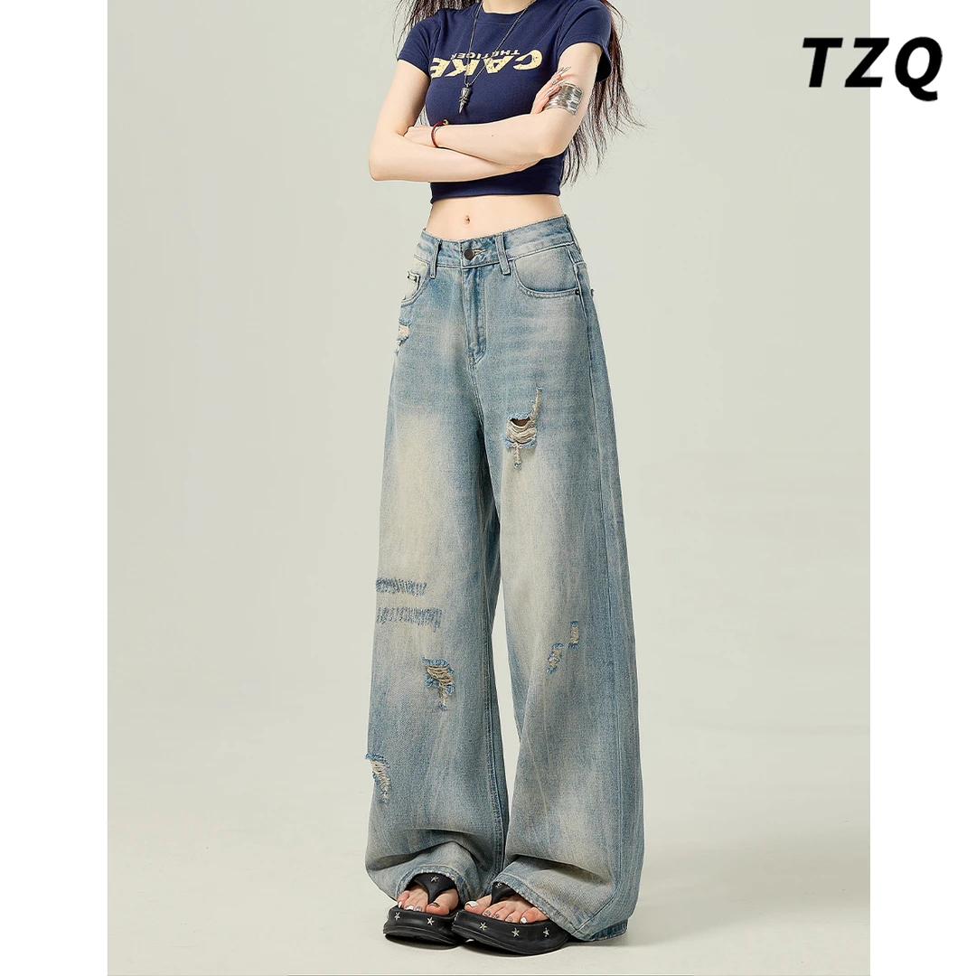 美式复古破洞牛仔裤女夏季薄款小个子宽松显瘦2025年流行网红女裤