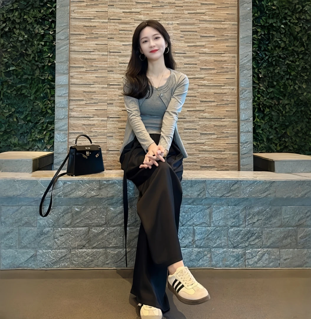 休闲时尚套装女秋季2025年新款简约显瘦气质长袖开衫阔腿裤三件套