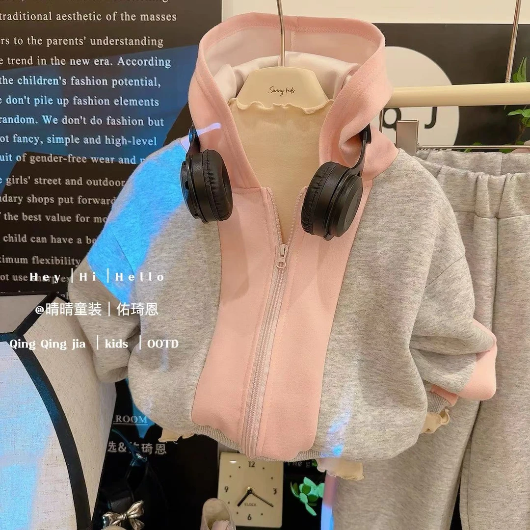 春秋女童套装2025儿童宝宝两件套新款连帽拉链卫衣洋气休闲套装