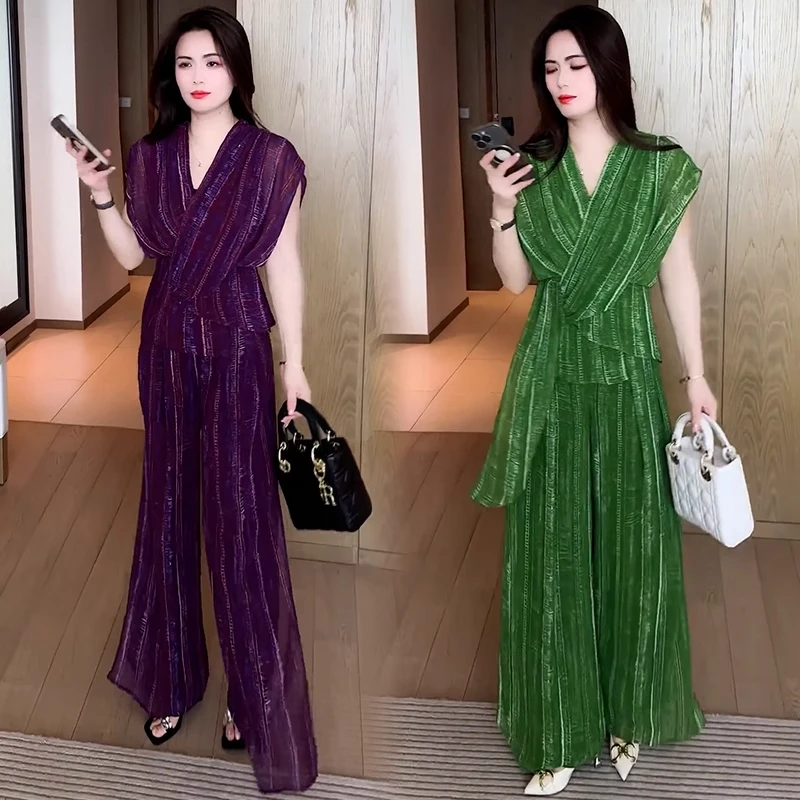 时尚套装女2025夏季新款洋气收腰显瘦条纹无袖上衣阔腿裤两件套潮