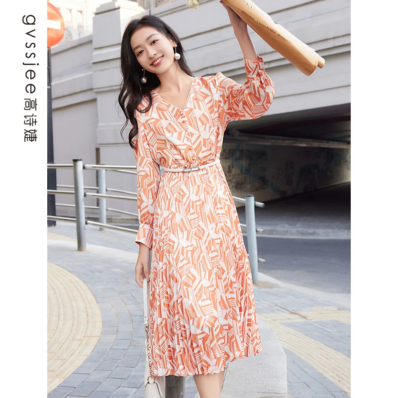 高诗婕新款商场同款几何压褶气质长袖连衣裙251361099-33