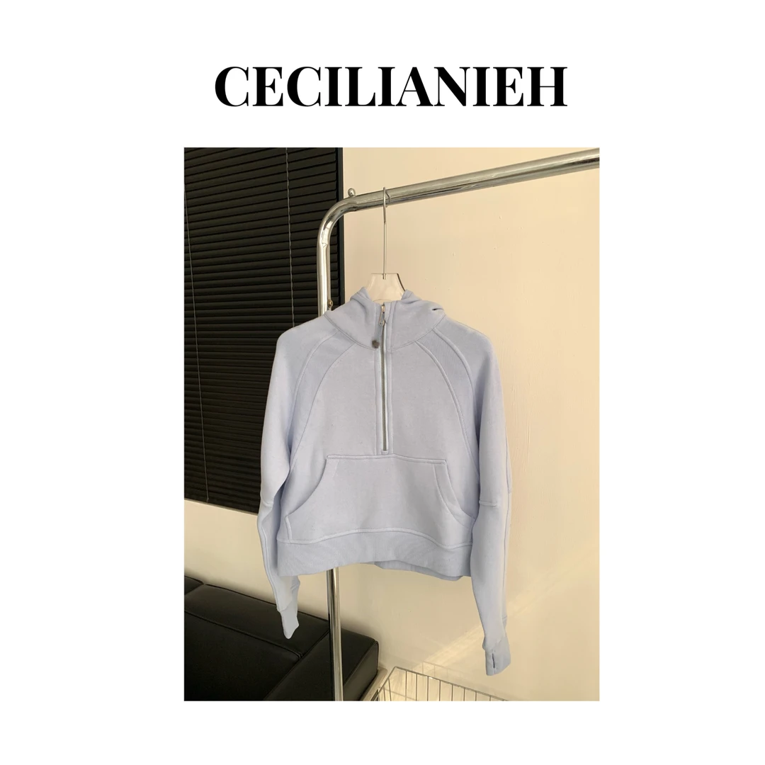 伊伊高定私服 亚麻蓝百搭半拉链连帽卫衣