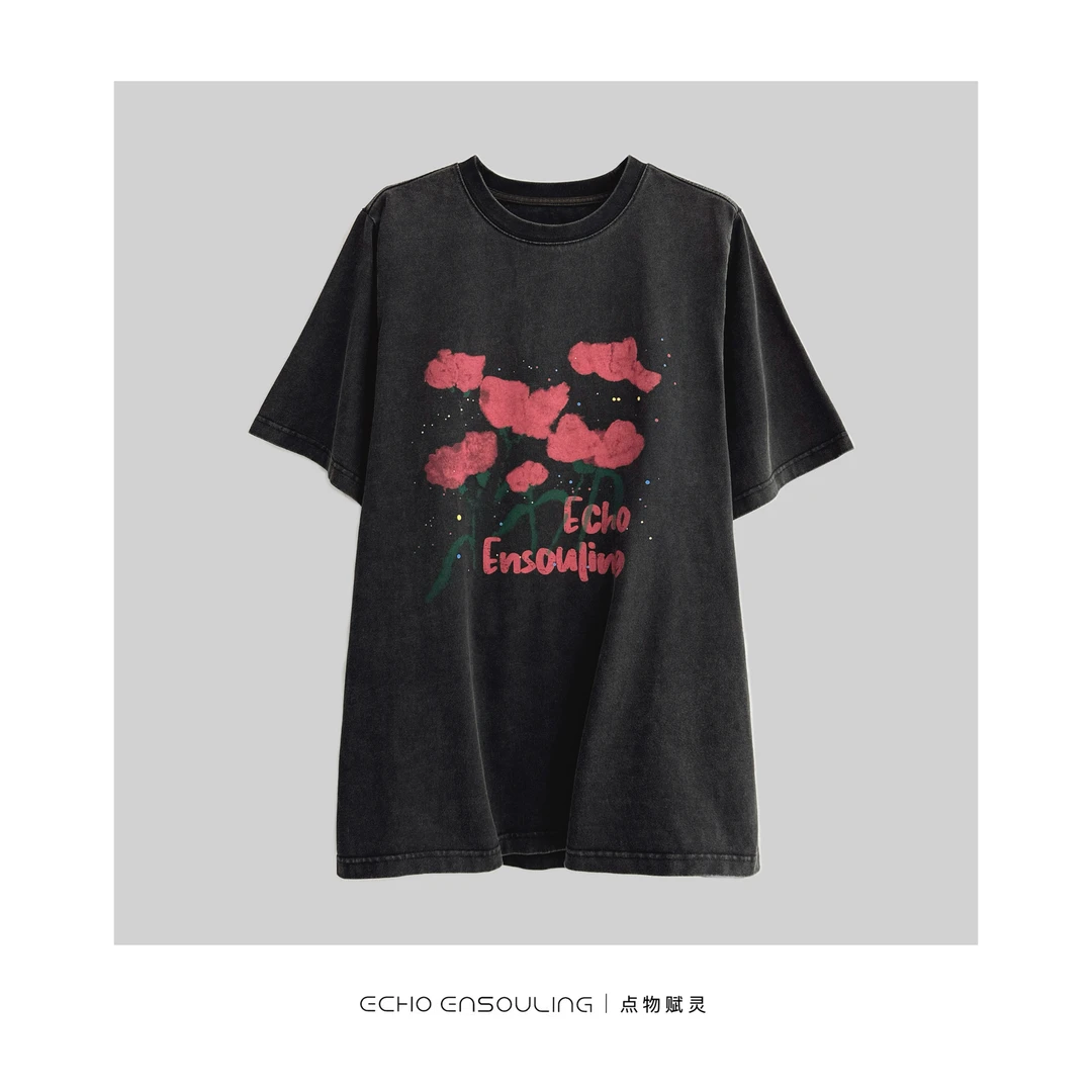 ECHO ENSOULING/点物赋灵E22412玫瑰花飒飒款休闲百搭T恤
