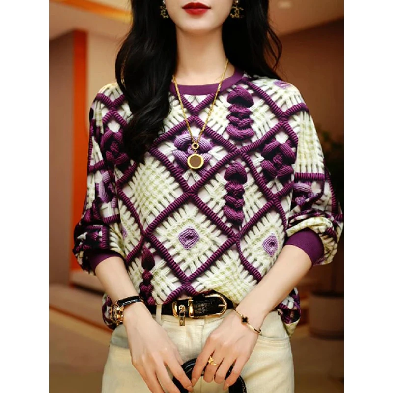 高档小衫春秋季新款时尚印花高级感长袖T恤内搭女士上衣打底衫女