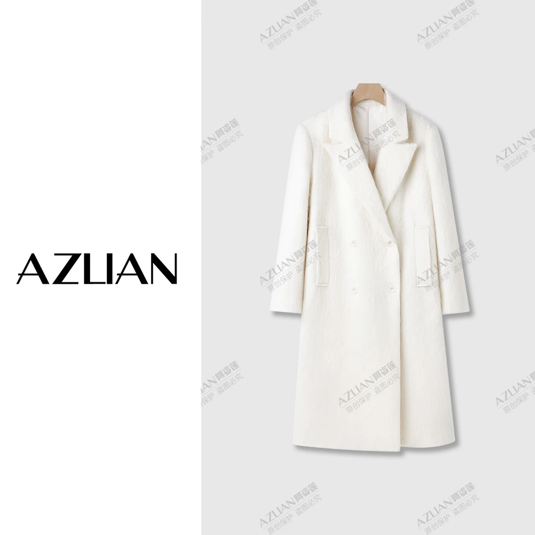 【阿姿莲】简约毛呢翻领西装双排扣大衣中长款羊毛外套女 PX-2115