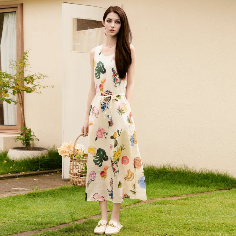 谜底花色连衣裙无袖女2025新款度假风圆领修身长裙257ML7758