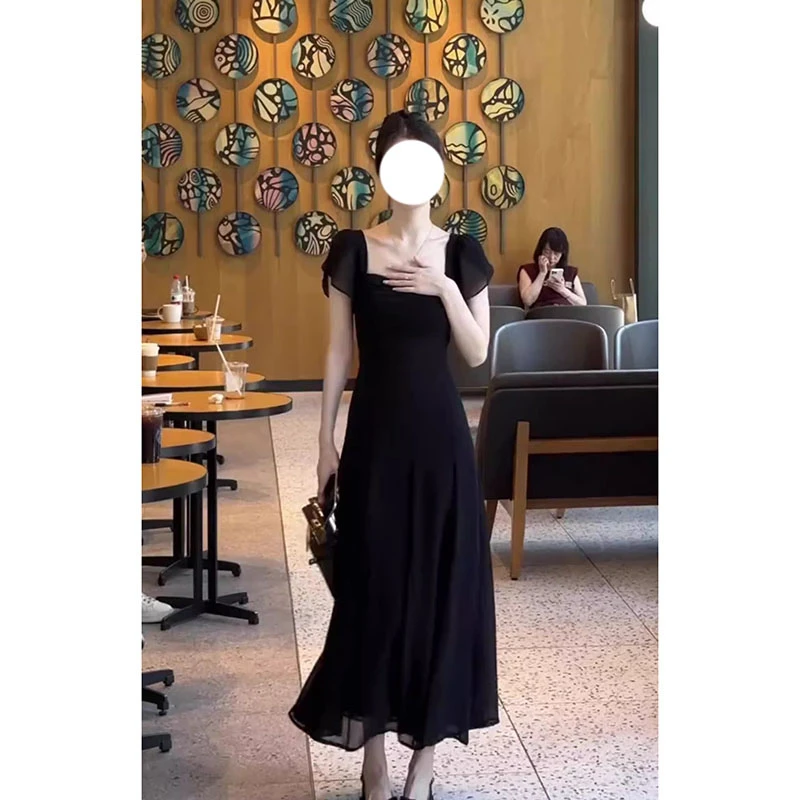 法式赫本小黑裙高级感高端轻奢气质御姐风黑色雪纺显瘦连衣裙子夏