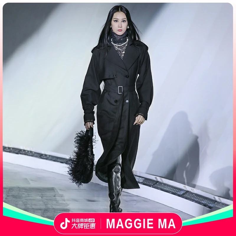 MAGGIE MA马婧设计师秋季酷飒收腰修身长版风衣793C