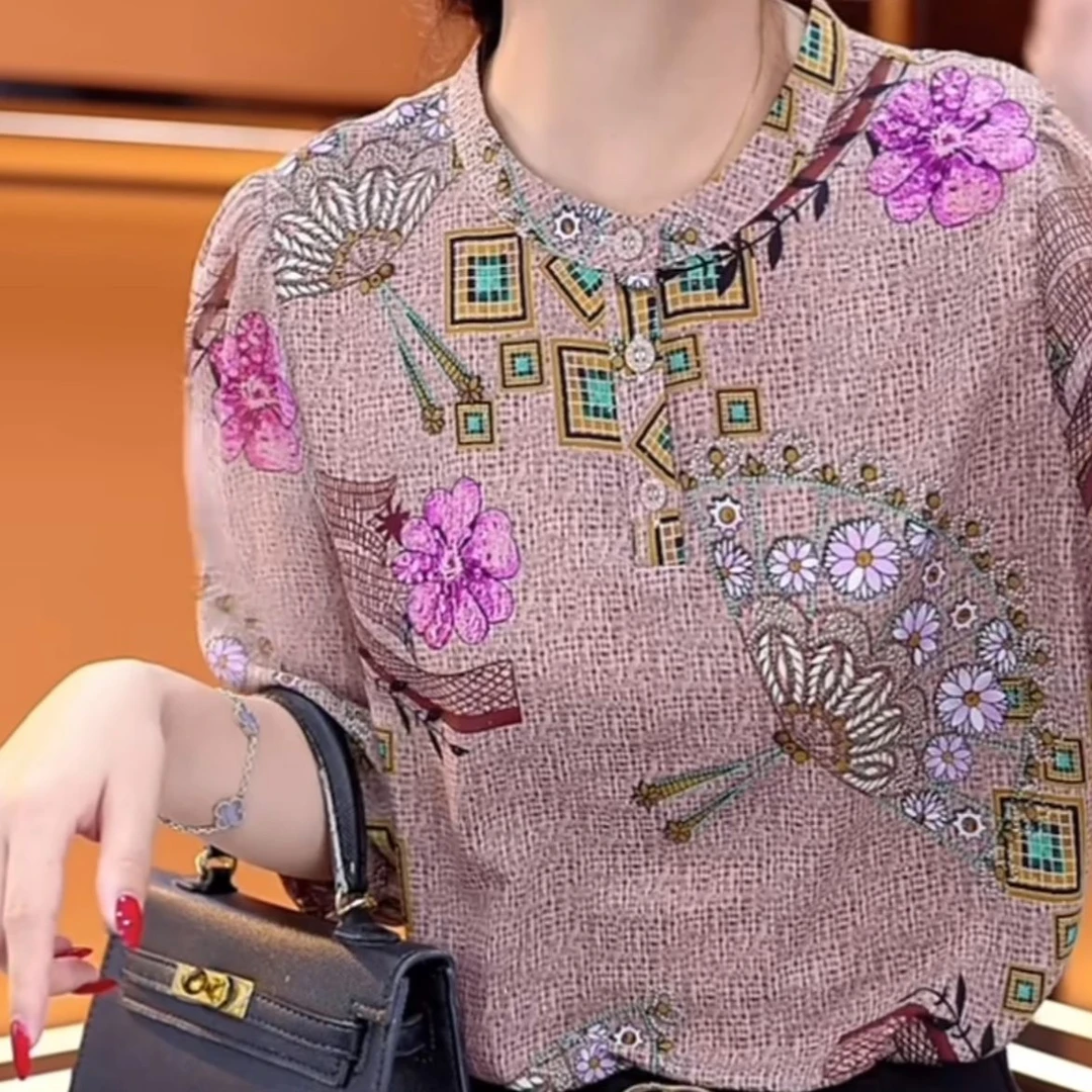 2138女士复古圆领印花显瘦衬衣