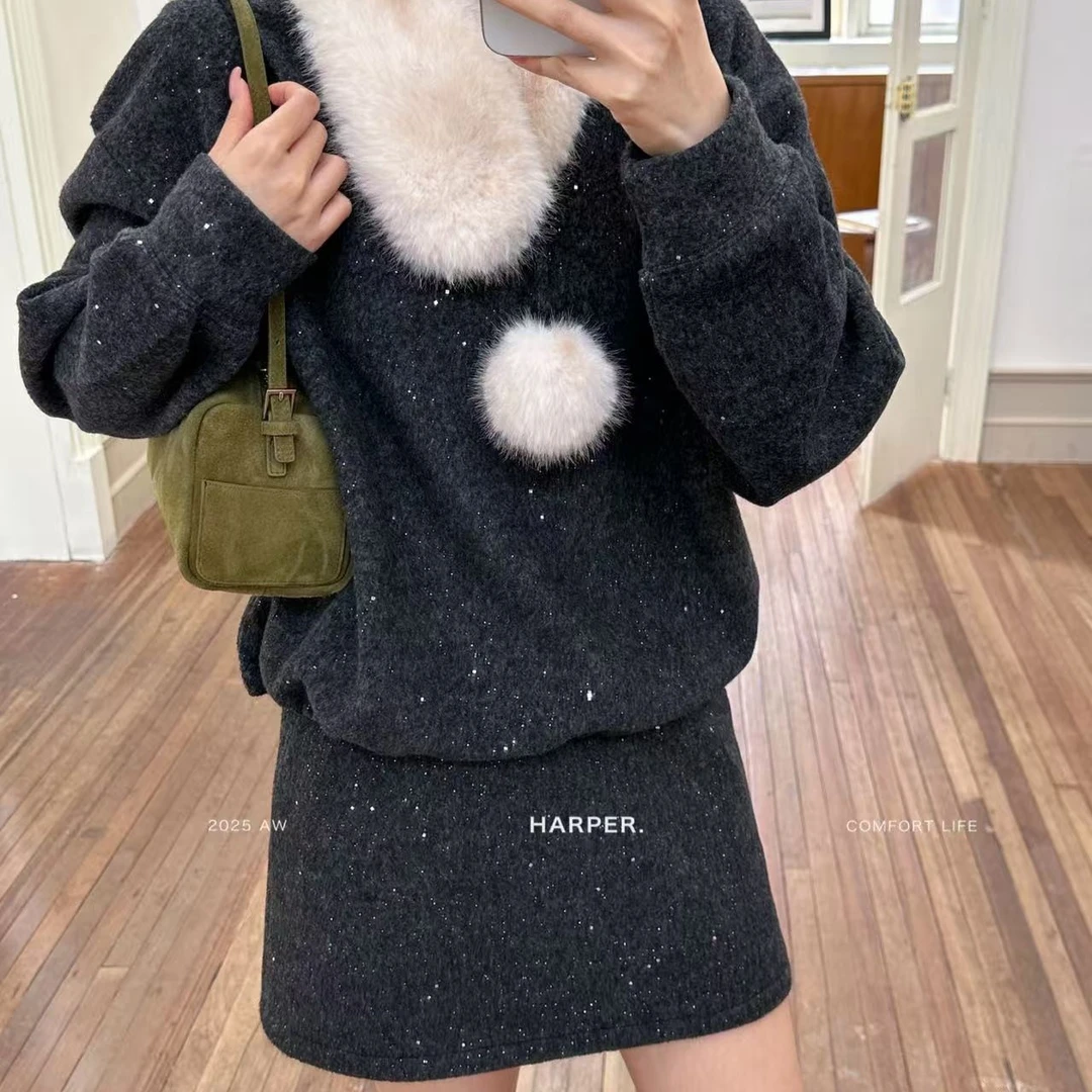 圆领卫衣➕短裙配围脖套装3687