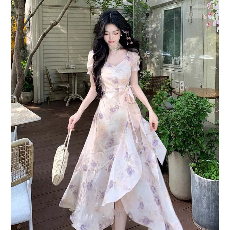 【有里布】法式气质优雅紫碎花不规则荷叶边收腰连衣裙夏D2279