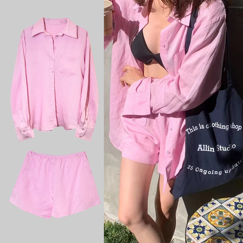 2024韩版时尚百搭高级感衬衫套装夏季薄款衬衣+短裤两件套W2639