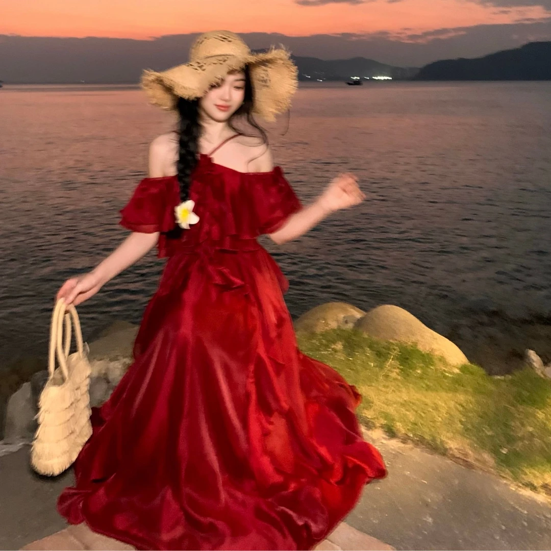 Blovelan玫瑰云霞 复古明艳高级玫瑰红一字肩雪纺纱挂脖连衣裙