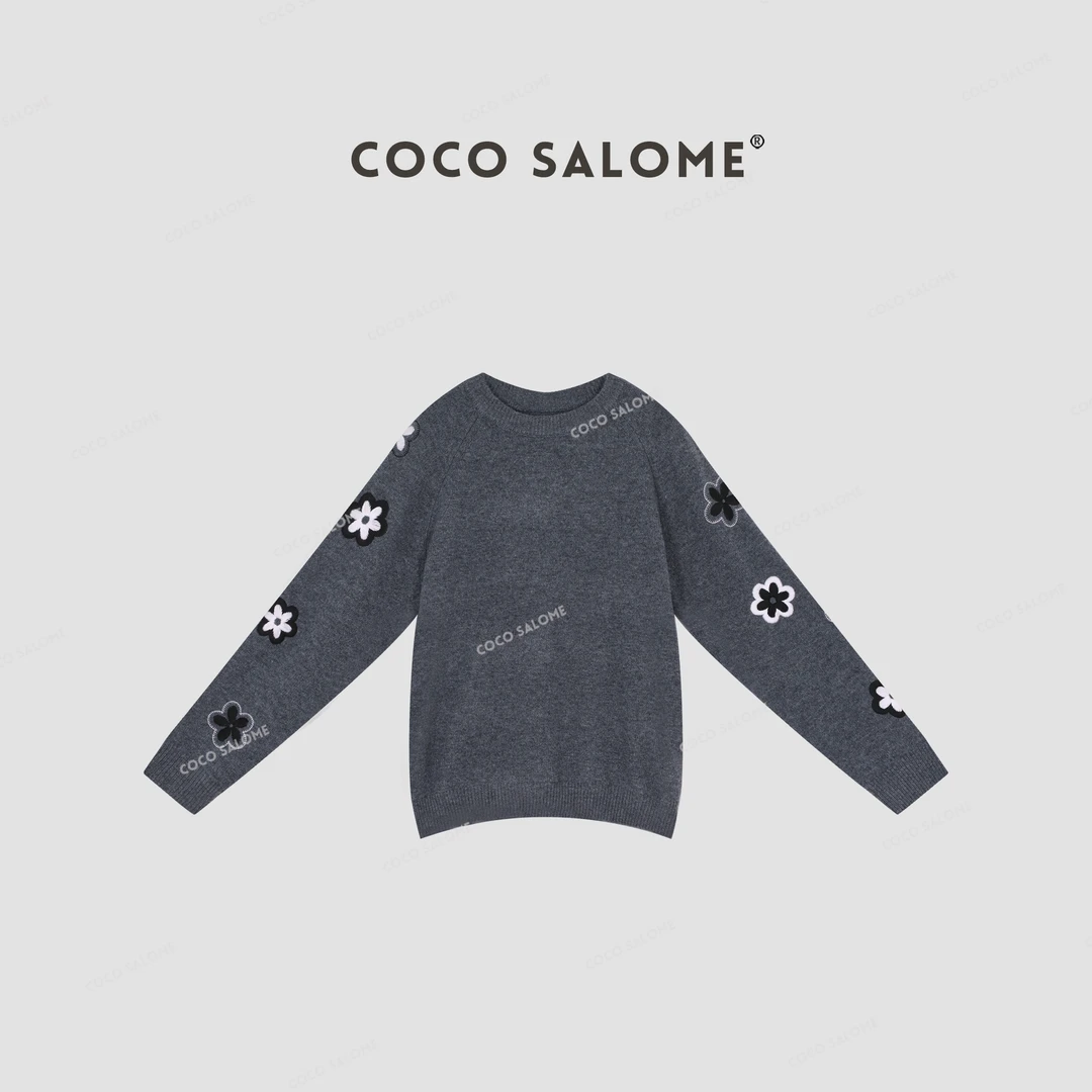 韩彬彬⒃【花卉】100%绵羊毛550g浮雕绣花针织毛衣227J