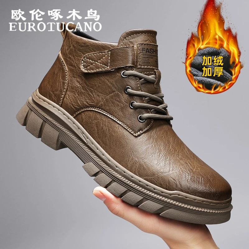 欧伦啄木鸟EUROTUCANO男鞋冬季加绒保暖高帮棉鞋子男款工装马丁靴