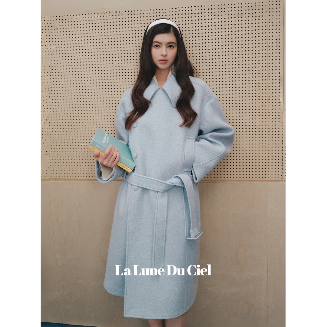 【LaluneDuCiel】黑白香榭 气质百搭腰带羊毛毛呢大衣外套女