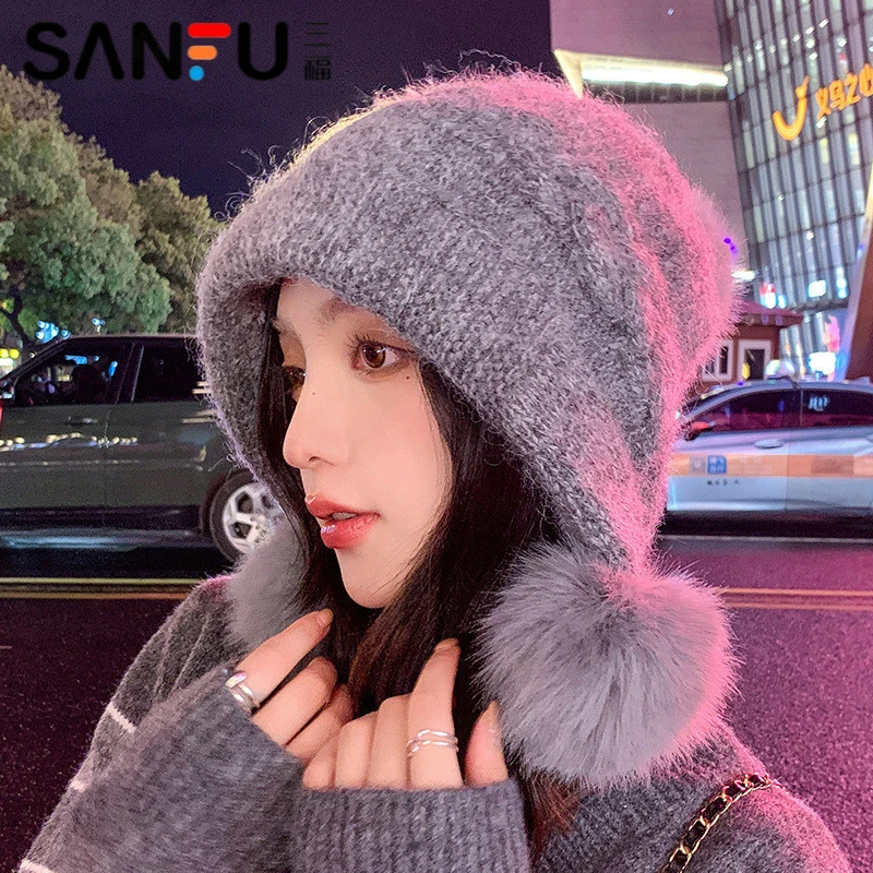 三福冬季女士加厚加绒兔毛毛球护耳帽保暖防风防寒针织帽子