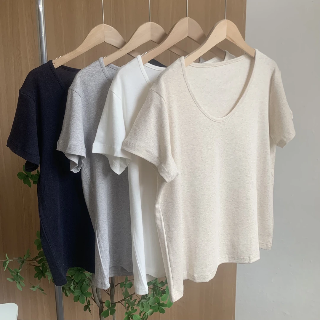 【雨露麻】鹅蛋领显瘦百搭短袖T恤女 老钱风静奢风短袖T