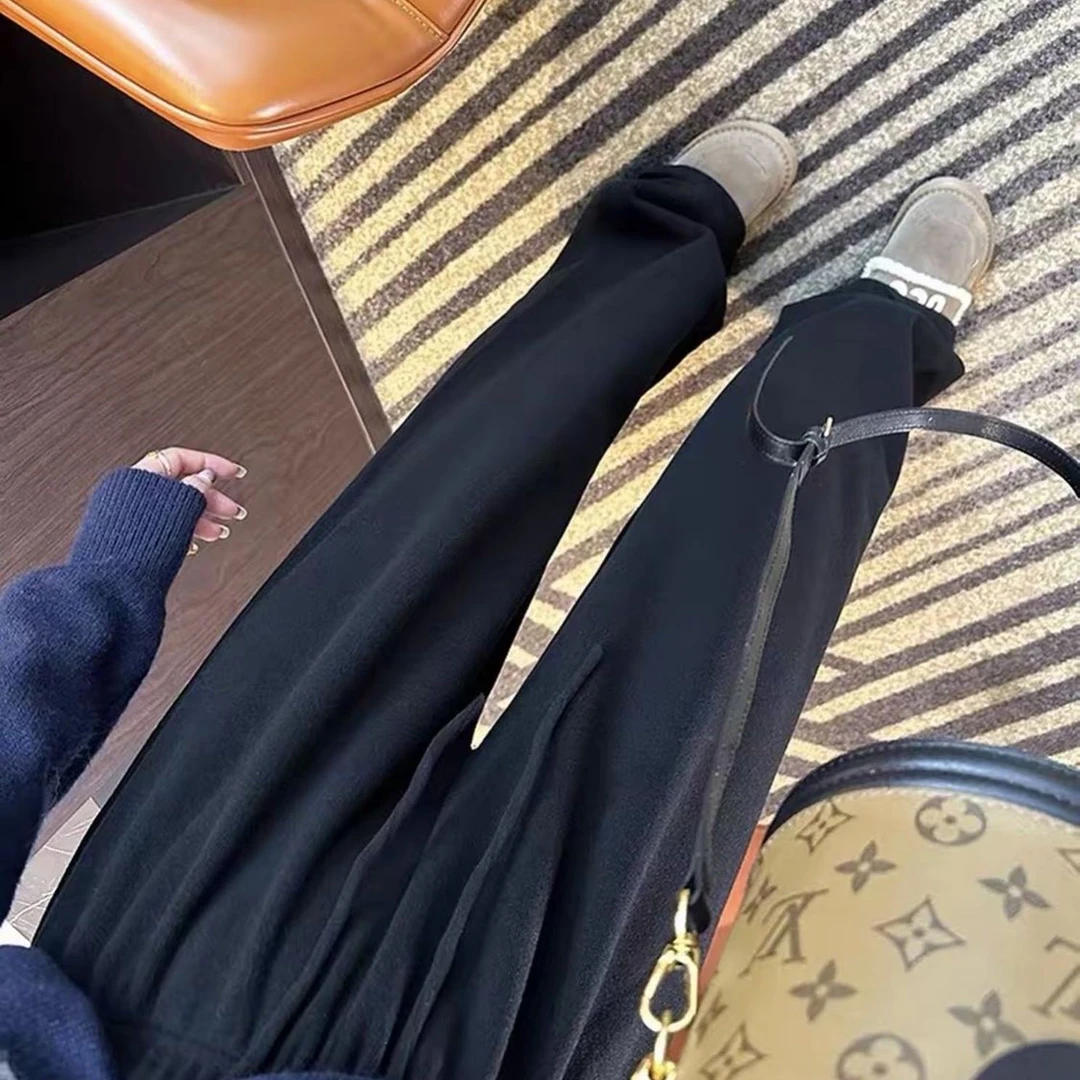 茵跃秋冬加绒加厚新款色织混纺糯米呢窄版直筒裤韩版保暖休闲裤