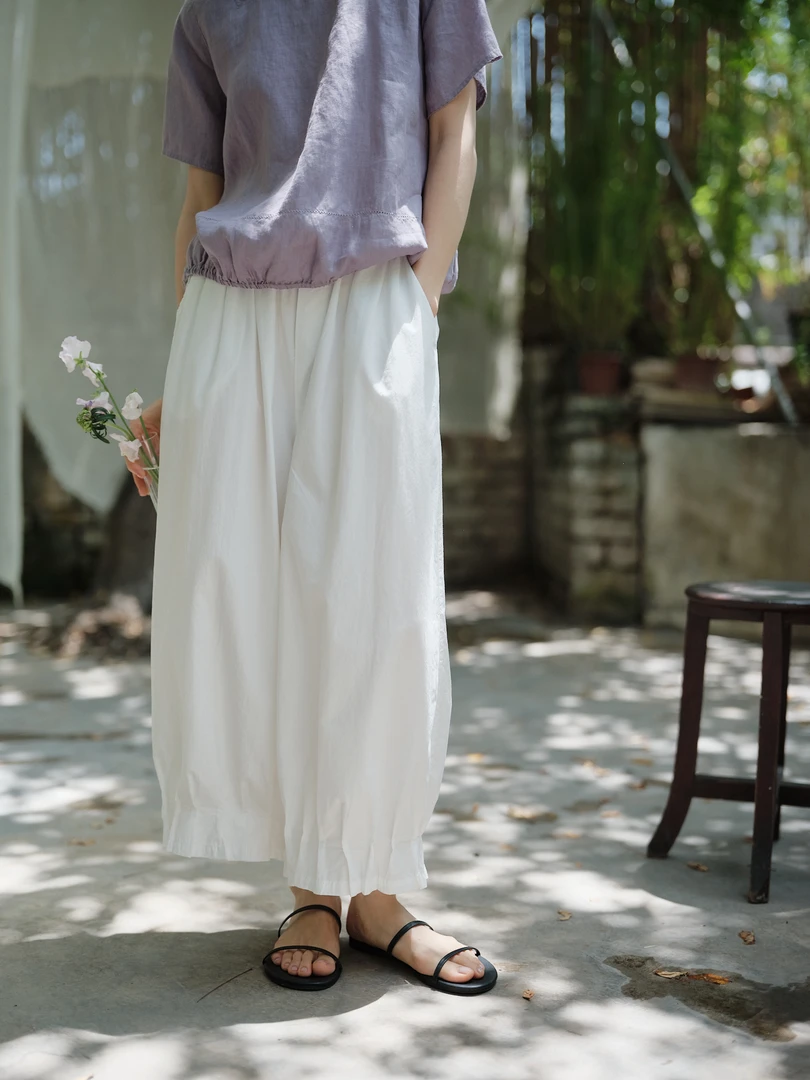 2025夏季新款文艺复古清凉松紧腰白色灯笼裤气球裤日系压褶花苞裤