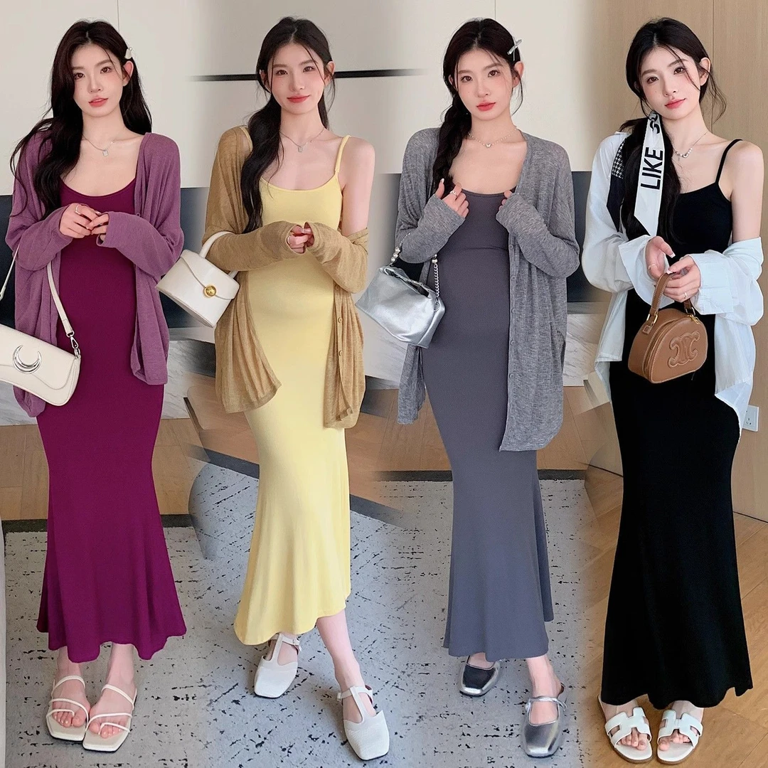孕妇2025新款吊带连衣裙套装春秋纯欲风性感辣妈长裙春夏显瘦包臀