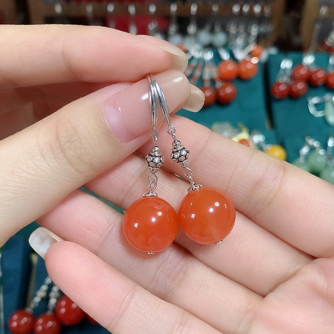 南红玛瑙耳饰银S925镶嵌卡13左右