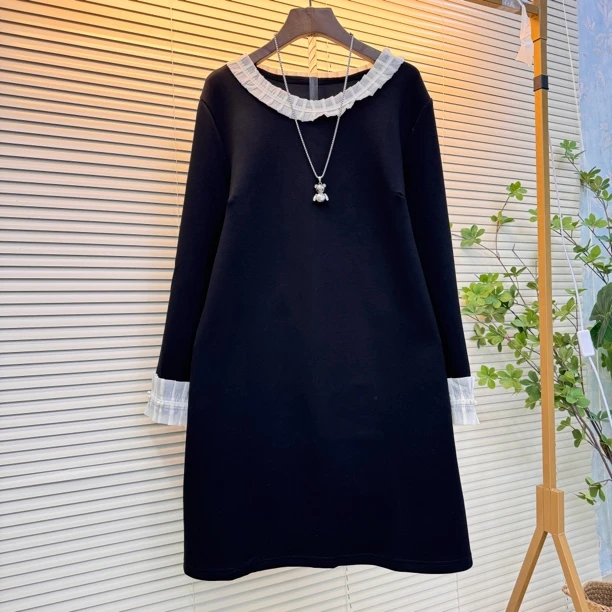秋冬套头中长裙常规大码连衣裙成人长袖圆领A字裙加厚休闲洋气裙
