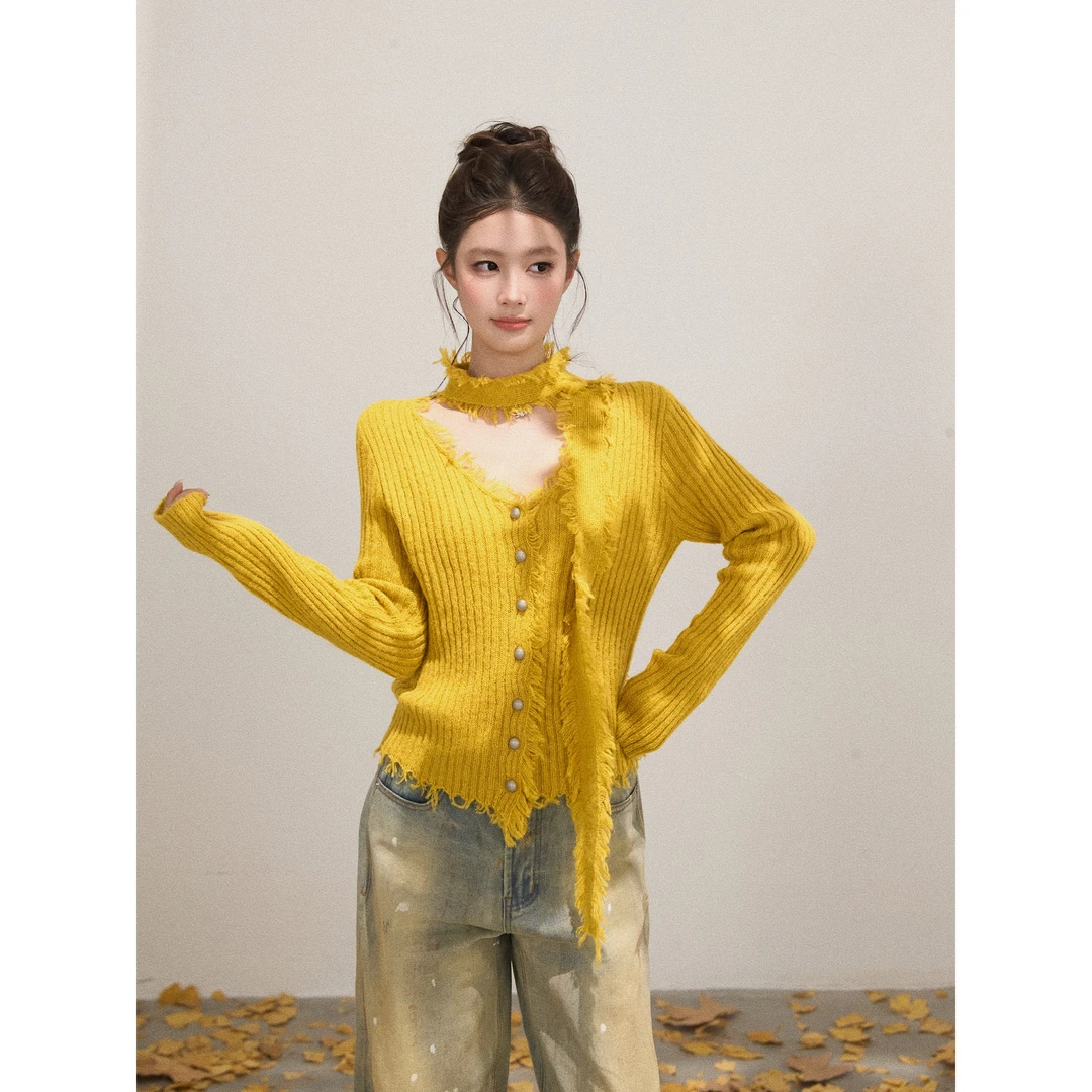 谢不肉 流苏毛边V领收腰长袖针织衫女秋季设计感修身上衣50569