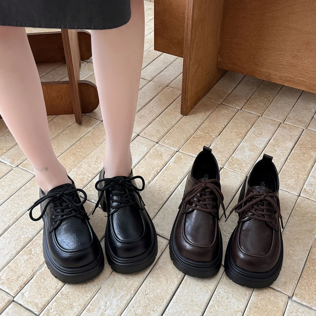 粗跟厚底小皮鞋女2025新款春秋季百搭英伦风高跟鞋子系带休闲单鞋