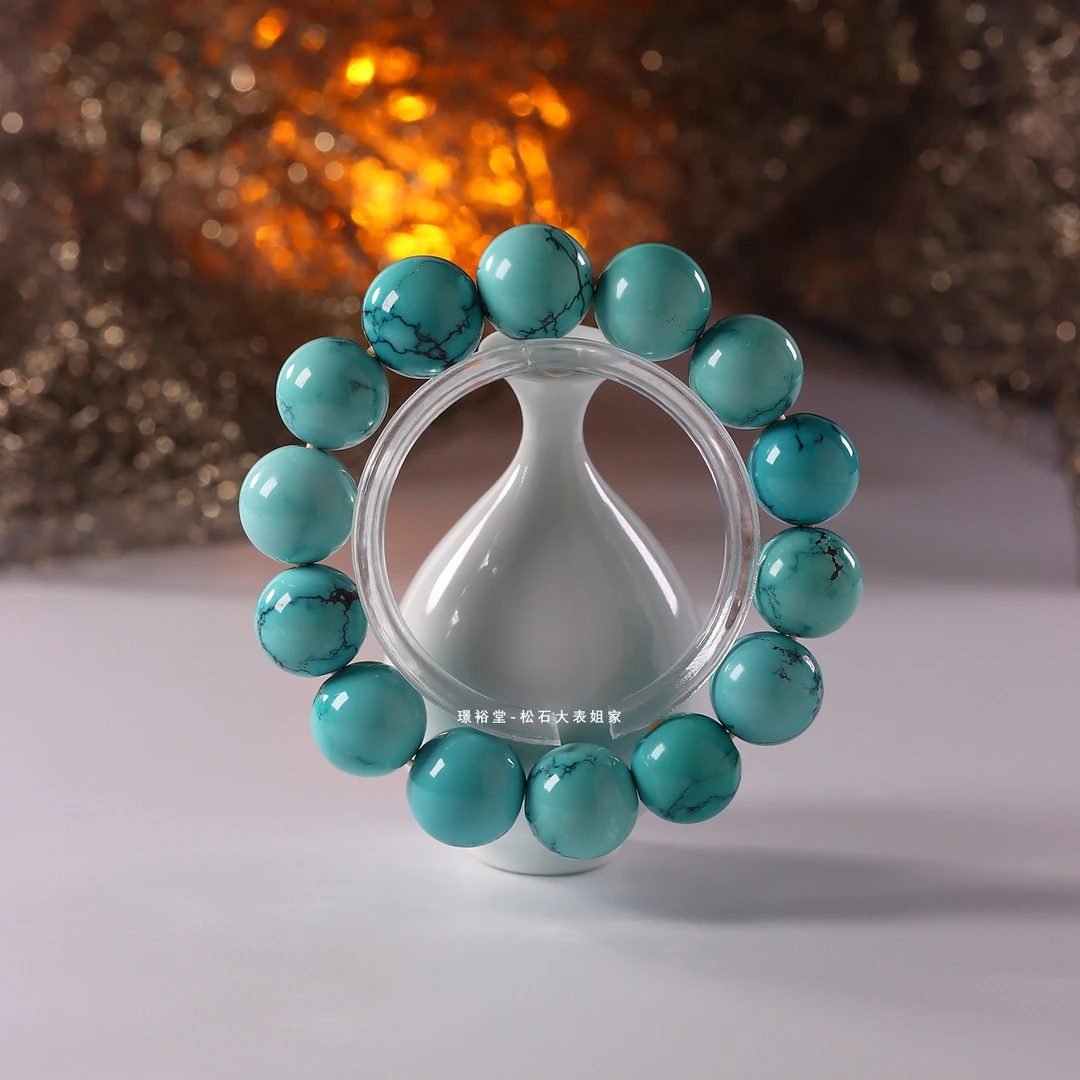 【松石大表姐】湖北真原矿绿松石原生态玉化水草纹圆珠手串