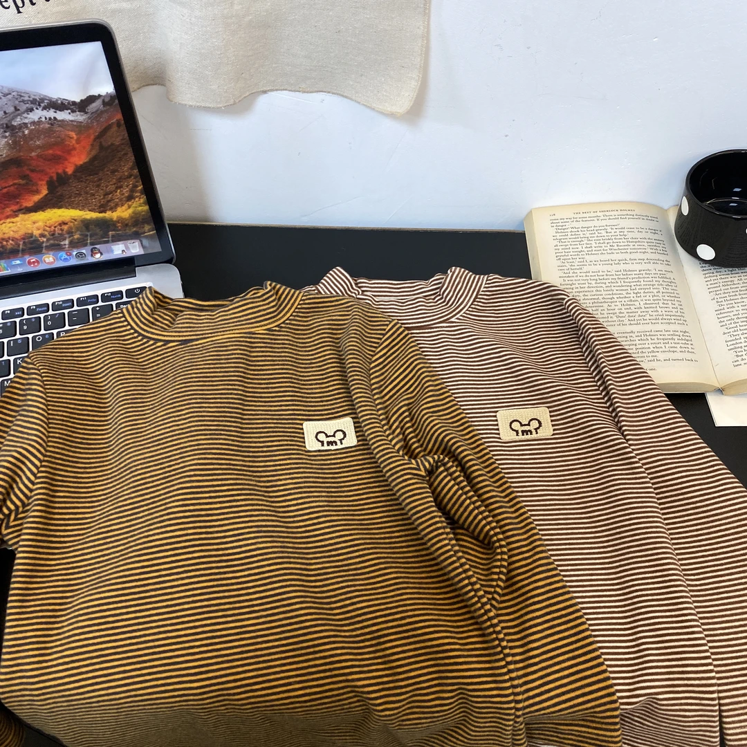 1977时尚潮流百搭洋气流行秋冬男女童条纹打底衫