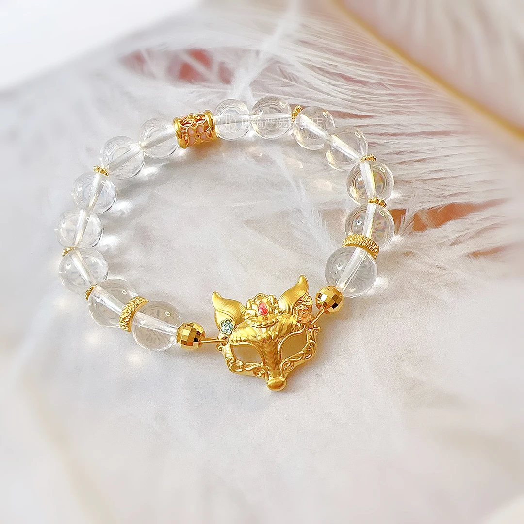 足金999狐狸面具水晶手串 天然白水晶手链 黄金蝴蝶桶珠花托隔珠