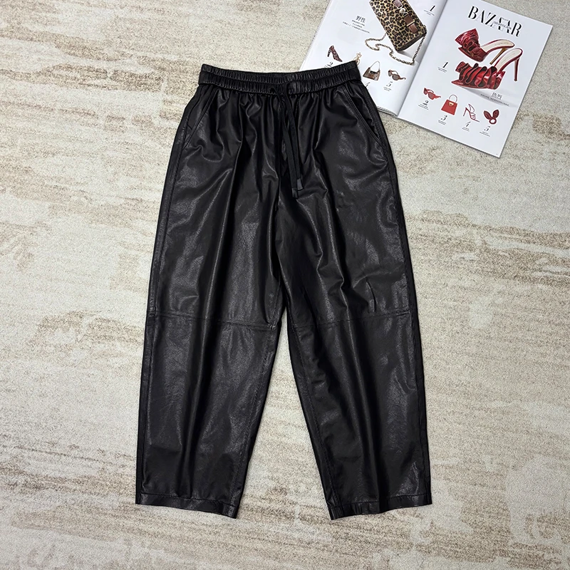 2025新款植鞣绵羊皮真皮九分裤休闲洋气哈伦裤高级感皮裤